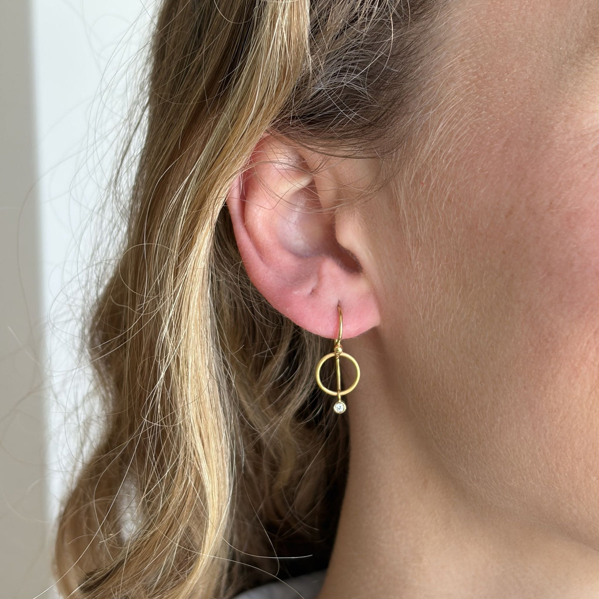 Diamond 14K Gold Bezel Drop Open Circle Earrings