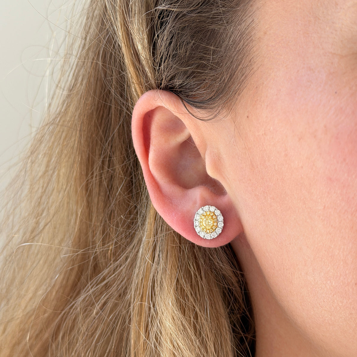 Oval Yellow Diamond Double Halo 14K Gold Stud Earrings