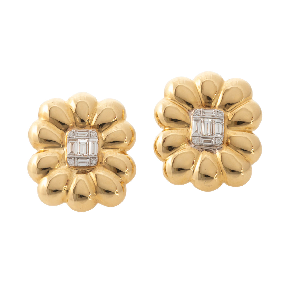 Pair of 18K yellow gold flower earrings with polished puffed petals and invisible-set diamond centers.