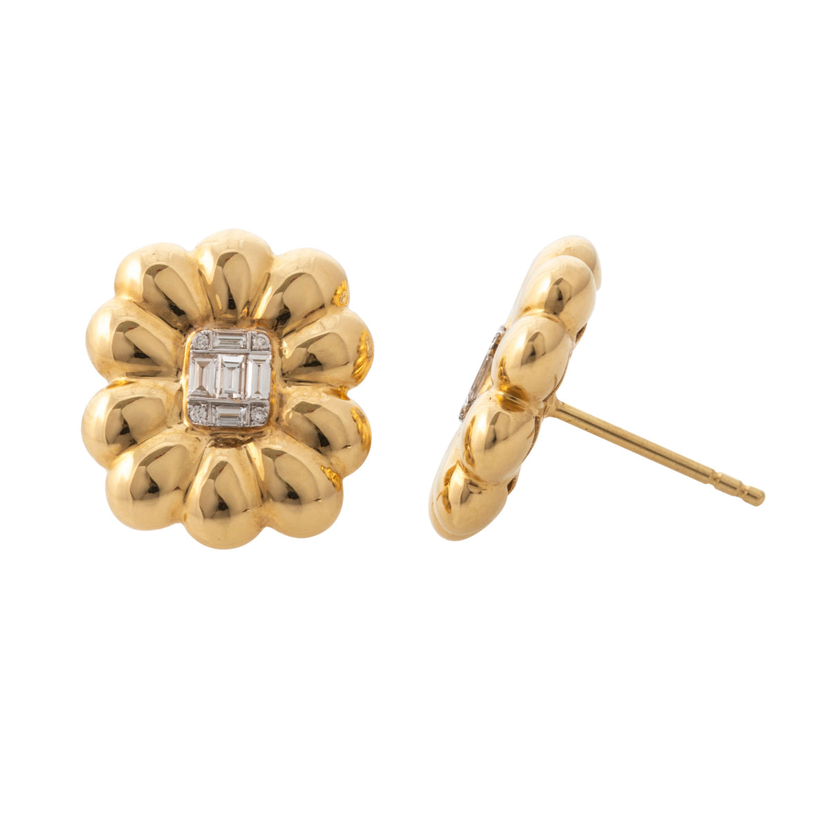 Front and side views of 18K yellow gold diamond flower earrings, showing raised petals and a post.