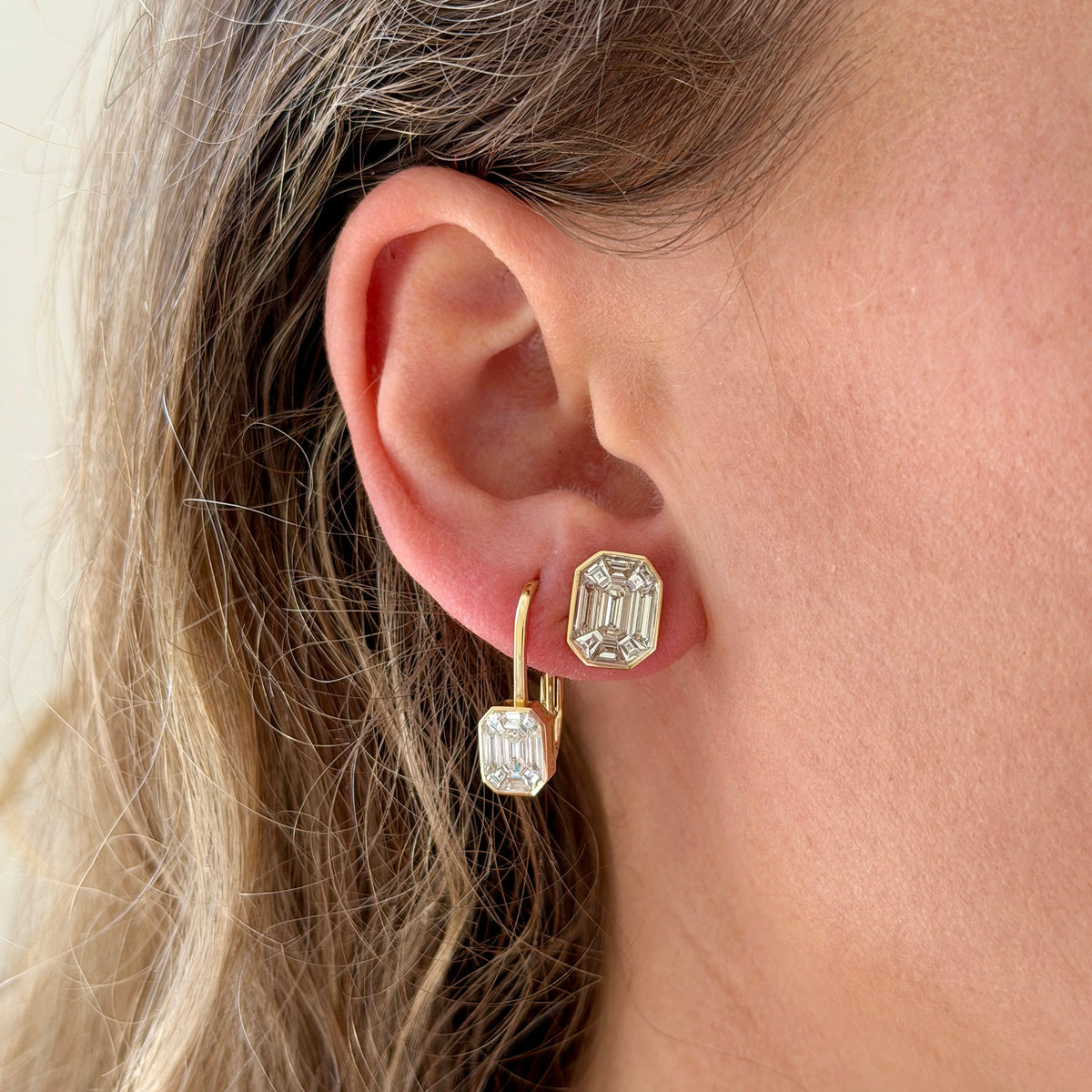 1.55ctw Diamond Mosaic 14K Yellow Gold Stud Earrings, .97ctw Diamond Mosaic 14K Yellow Gold Leverback Earrings