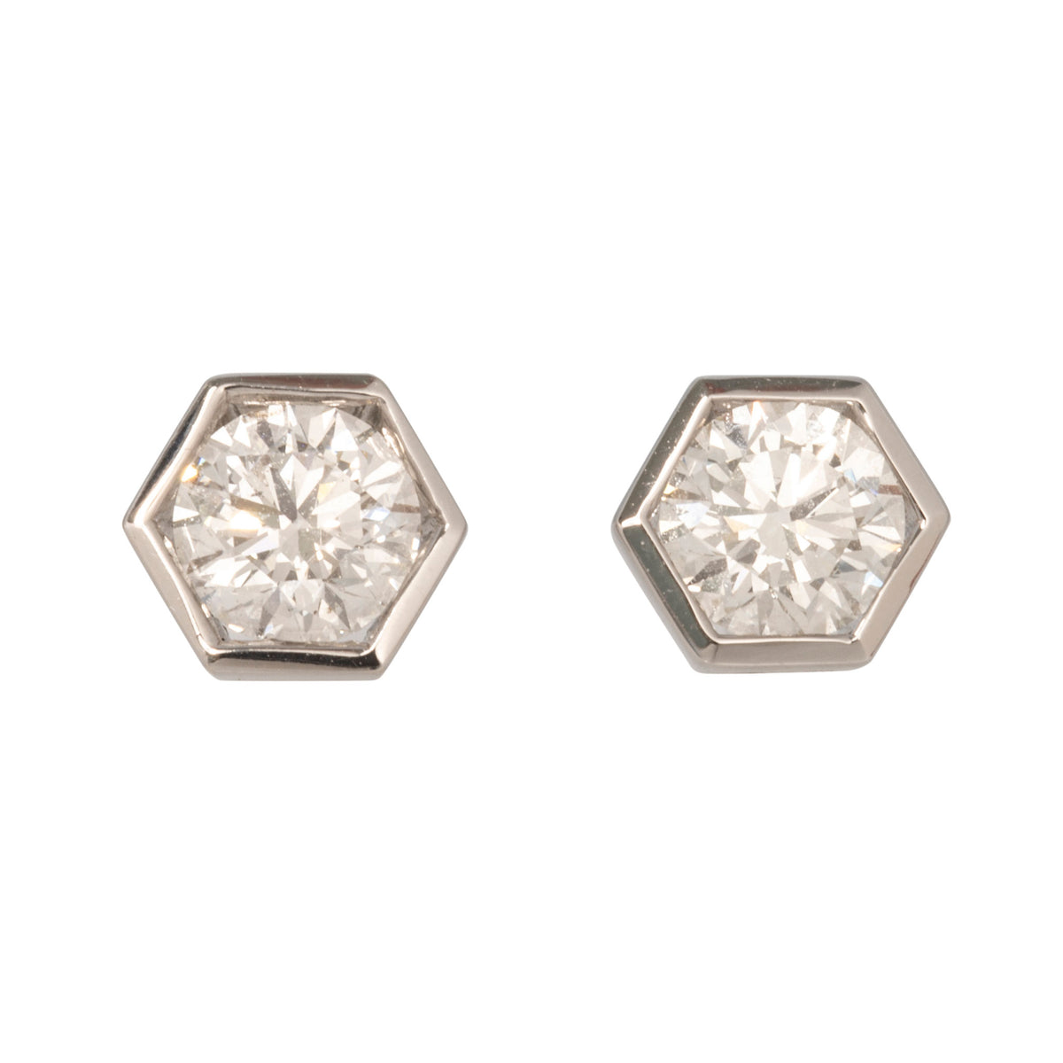 1.41ctw H SI2 Round Diamond Hexagon Bezel 18K White Gold Stud Earrings