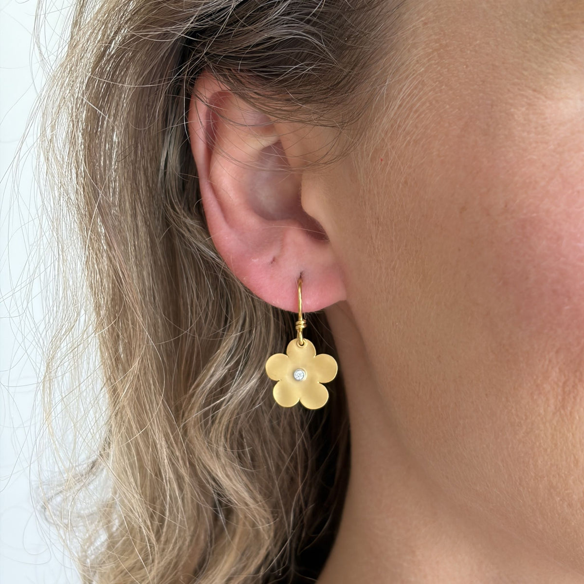 Diamond 14K Gold Bezel Flower Drop Earrings