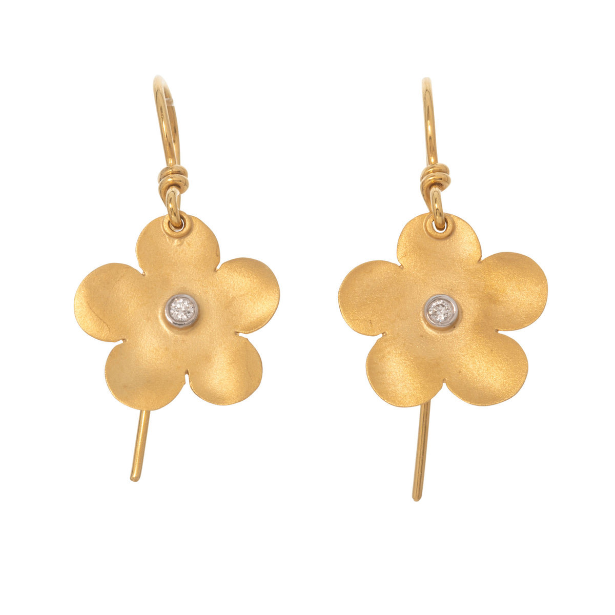 Diamond 14K Gold Bezel Flower Drop Earrings