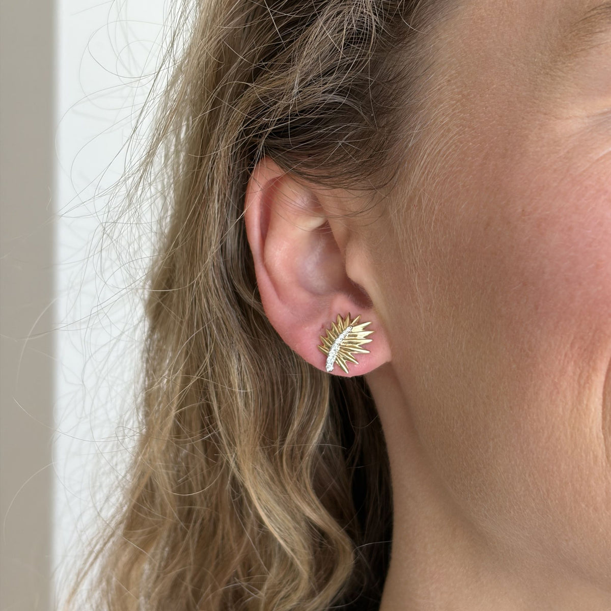 Diamond Pavé 14K Gold Palm Frond Stud Earrings