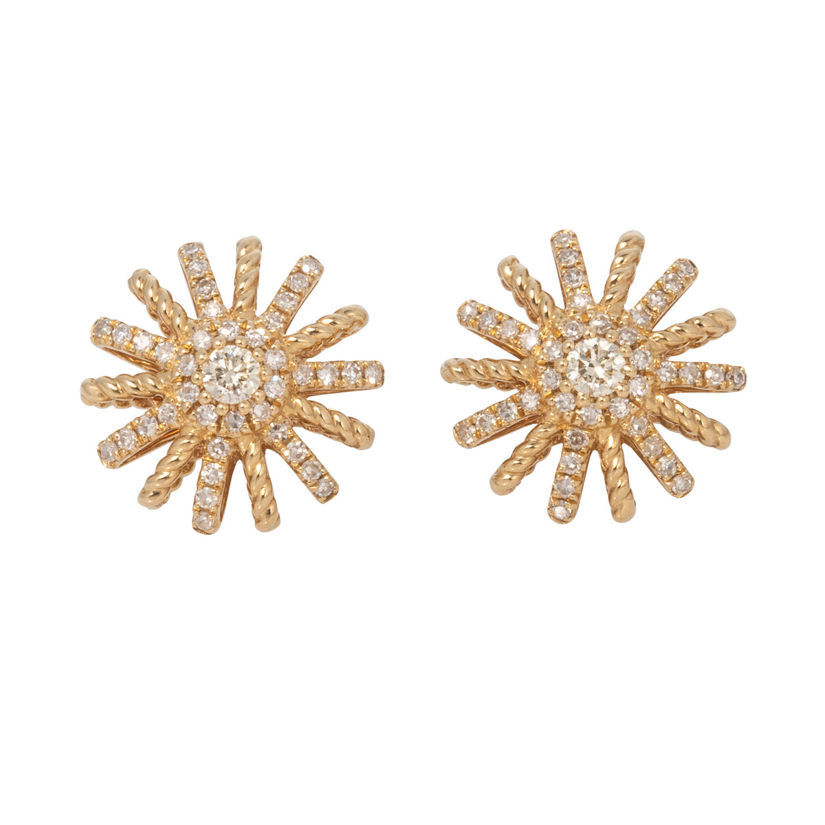 Pair of 14K yellow gold starburst stud earrings with diamond cluster centers and alternating rope-textured and pavé diamond rays.