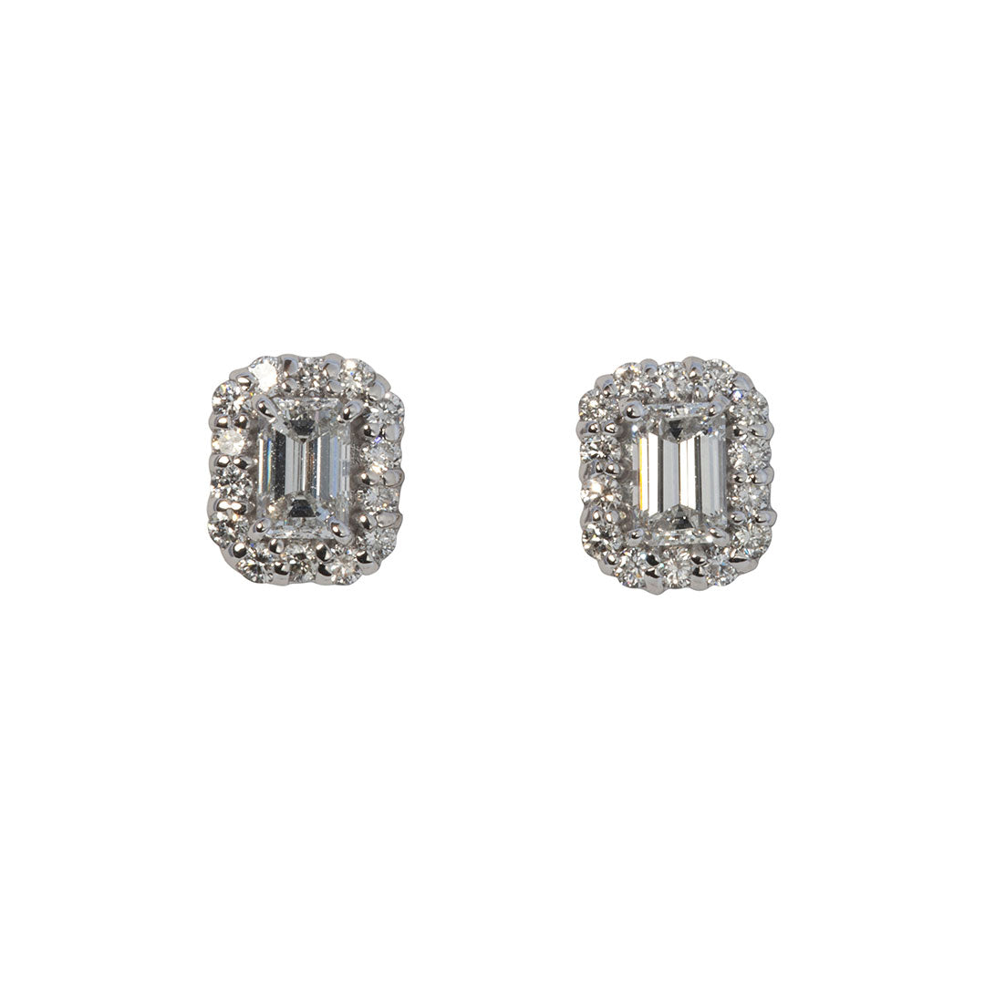 Emerald Cut Diamond Cluster 18K White Gold Stud Earrings