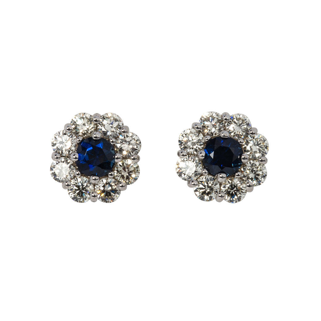 Round Sapphire & Diamond Cluster 14K Gold Stud Earrings