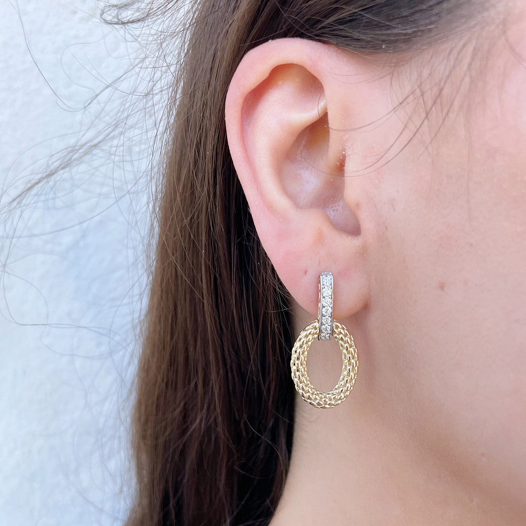 Diamond Pavé & Oval Drop Two Tone 14K Gold Earrings