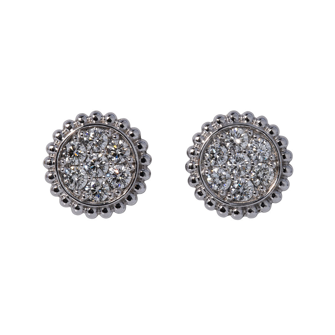 Diamond Cluster Bead Edge 14K White Gold Stud Earrings