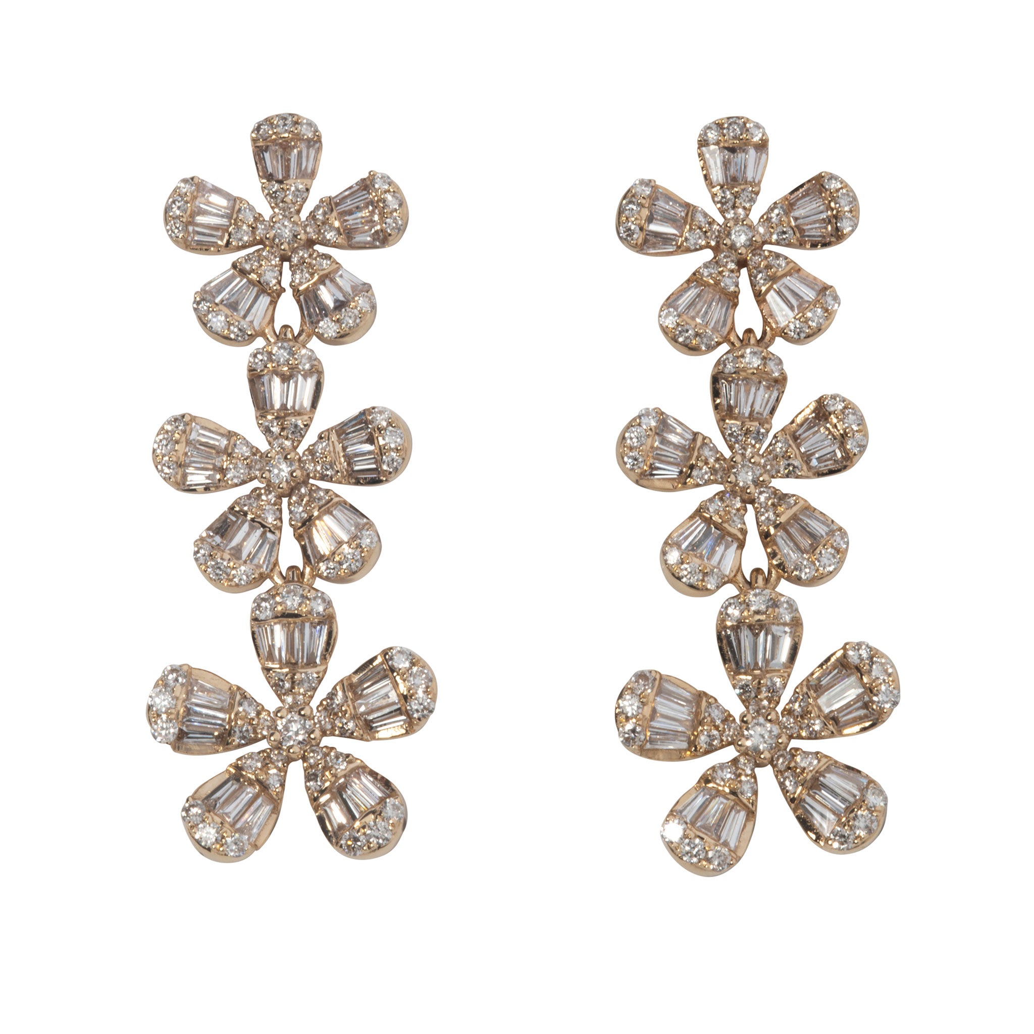 Diamond 14K Yellow Gold Triple Flower Drop Earrings