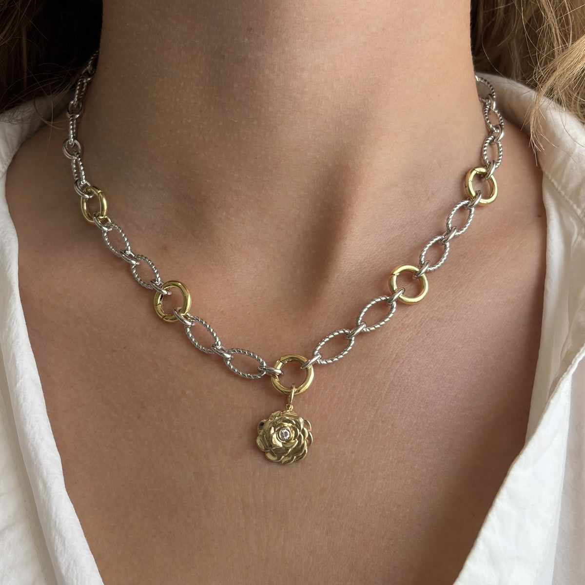Diamond 14K Yellow Gold Camellia Pendant and Five-Station Charm Holder Mixed Oval Link Two-Tone Necklace