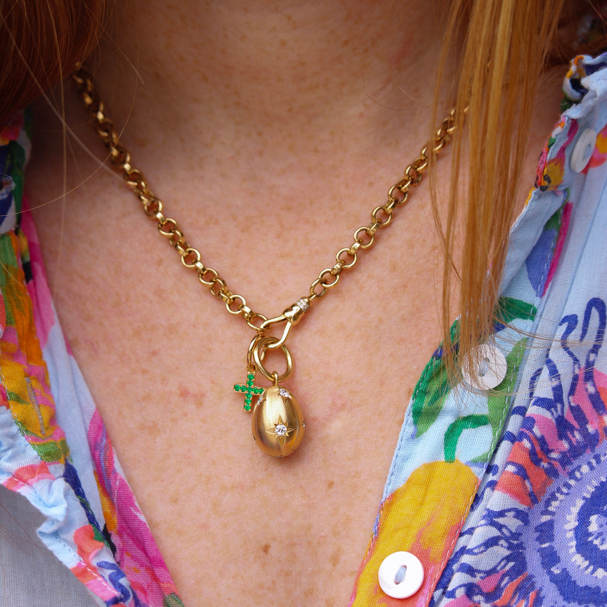 Single Stone Dahlia with Evren Mini Necklace 17", Petra Scattered Pendant, Emerald Mini Pavé Carmela Cross