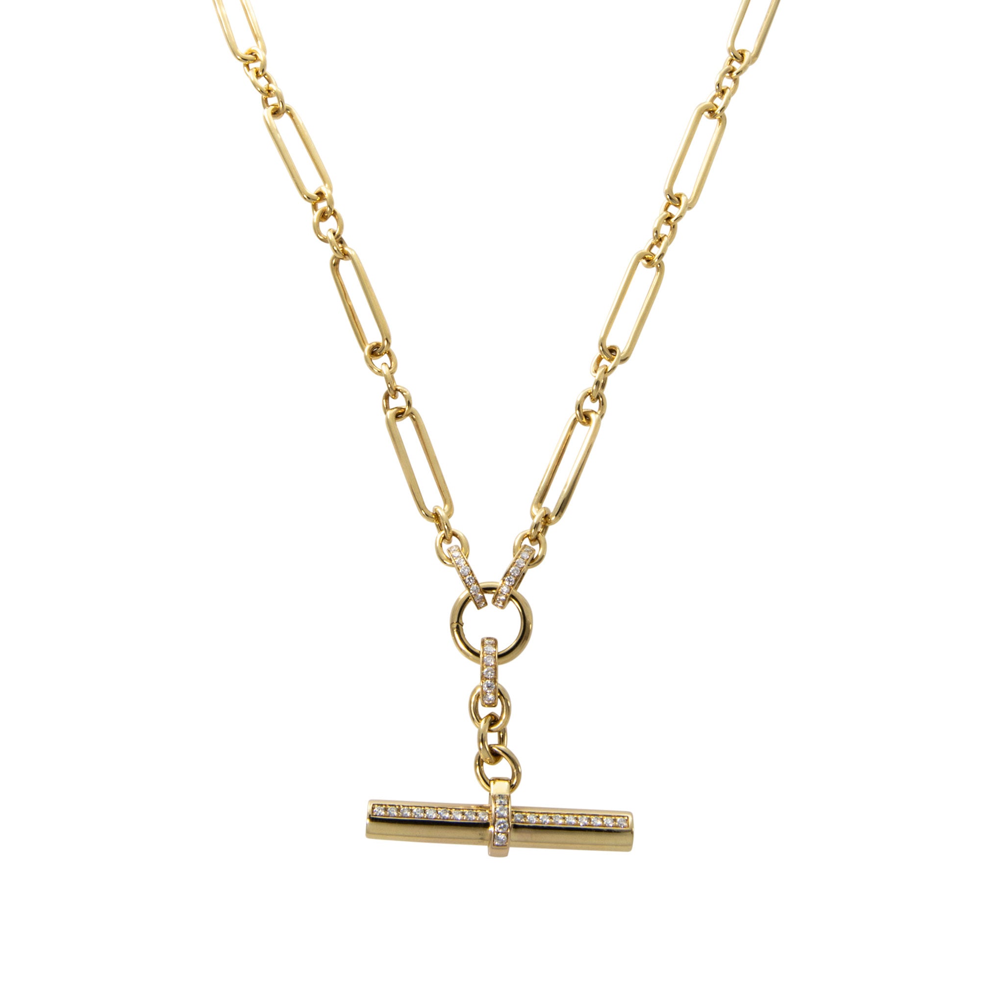 Diamond T-Bar Drop 14K Yellow Gold Mixed Link Necklace