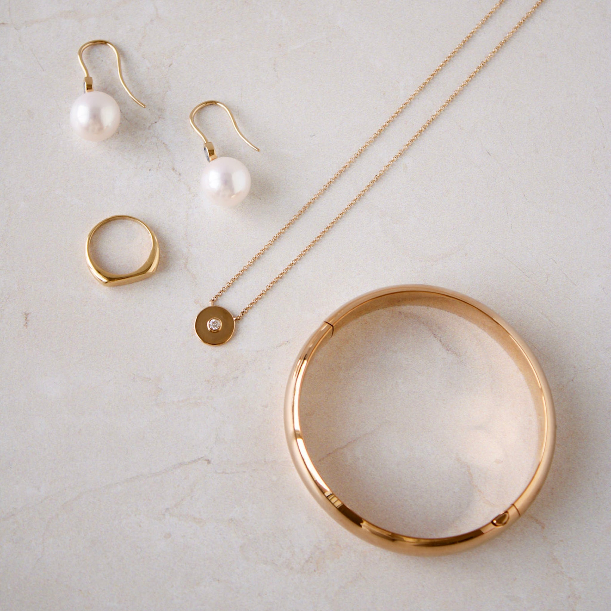 Diamond Small Disk 14K Yellow Gold Pendant Necklace, 18K Yellow Gold Oval Bar Signet Ring, 14K Gold-Filled Plain 8mm Bangle, Pearl & Sapphire 14K Yellow Gold Drop Earrings