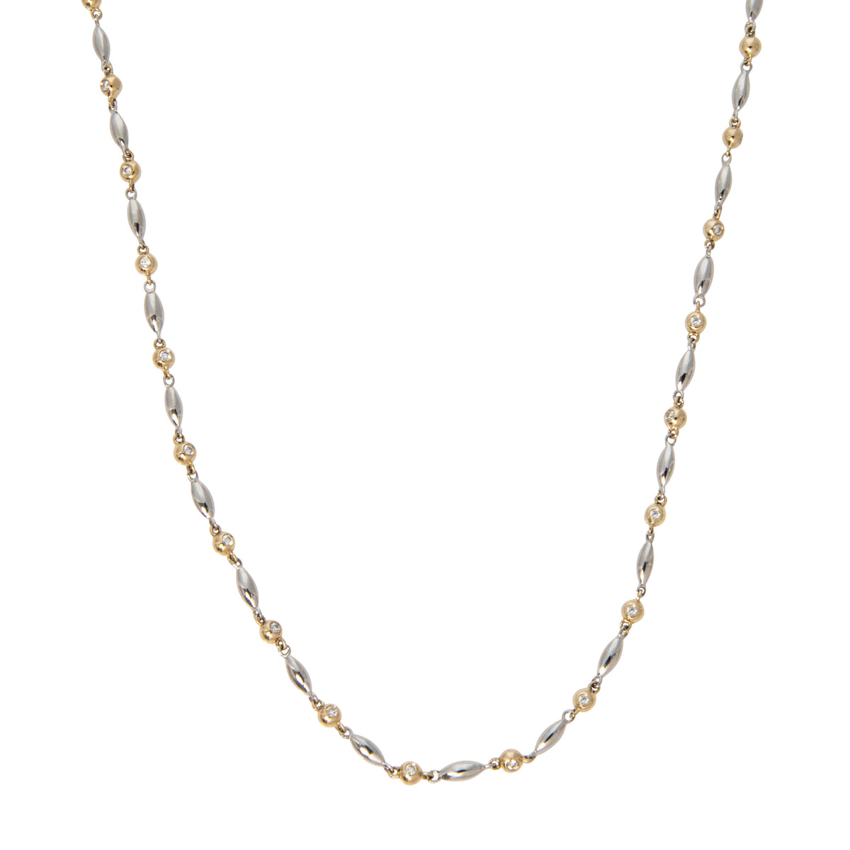 Diamond Rice Bead Station 14K Gold Silver Necklace