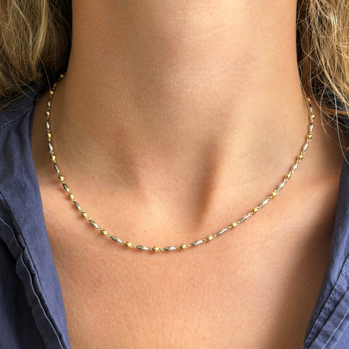 Diamond Rice Bead Station 14K Gold Silver Necklace