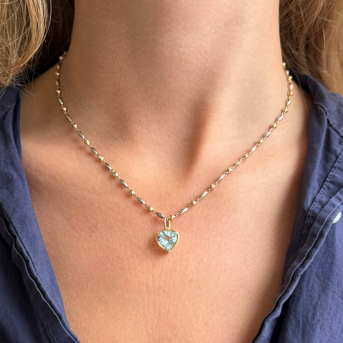 Diamond Rice Bead Station 14K Gold Silver Necklace, Aquamarine Heart 14K Gold River Pendant