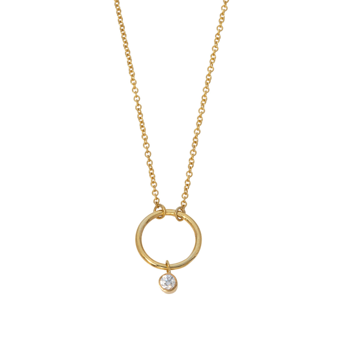 Diamond 14K Gold Bezel Drop Open Circle Pendant Necklace