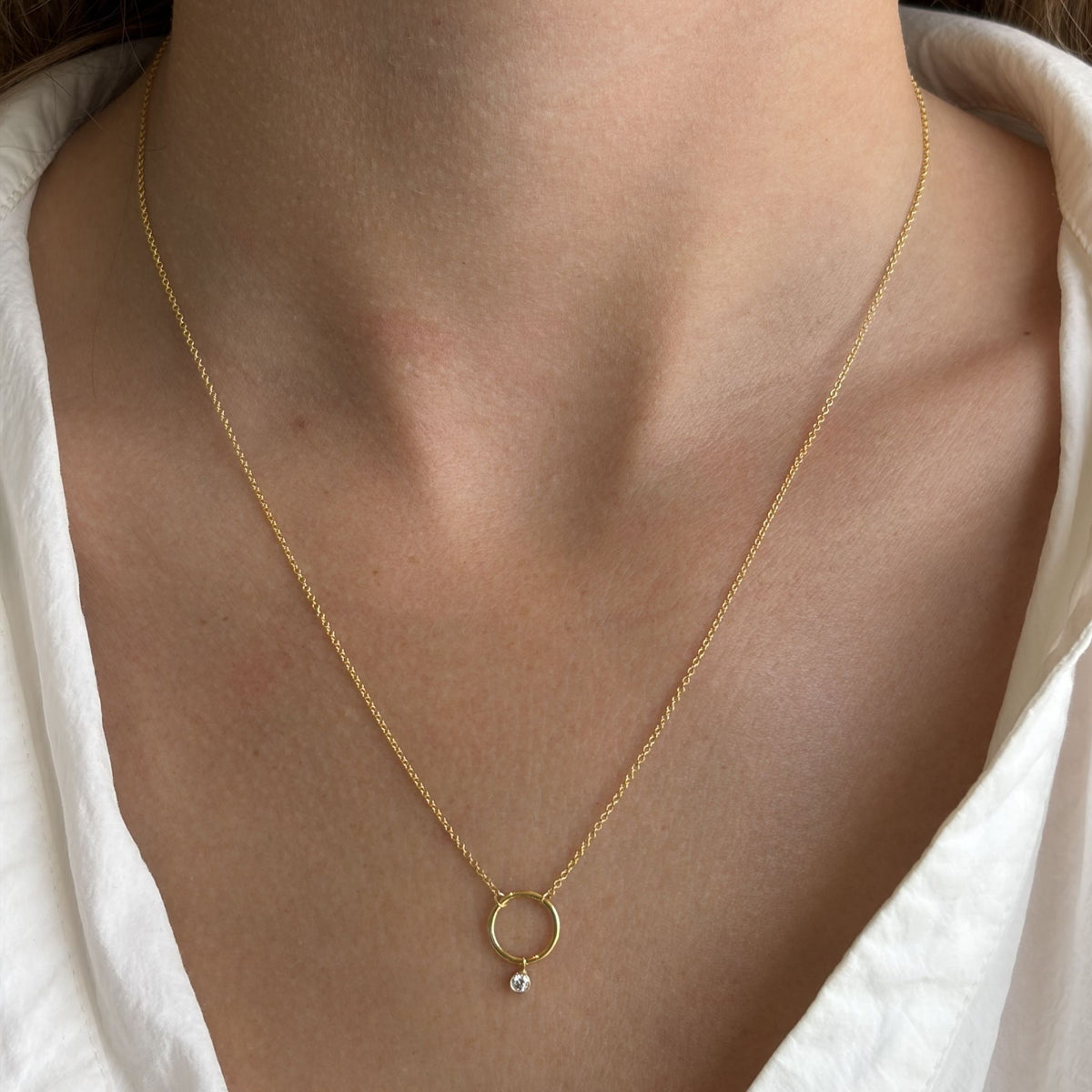 Diamond 14K Gold Bezel Drop Open Circle Pendant Necklace