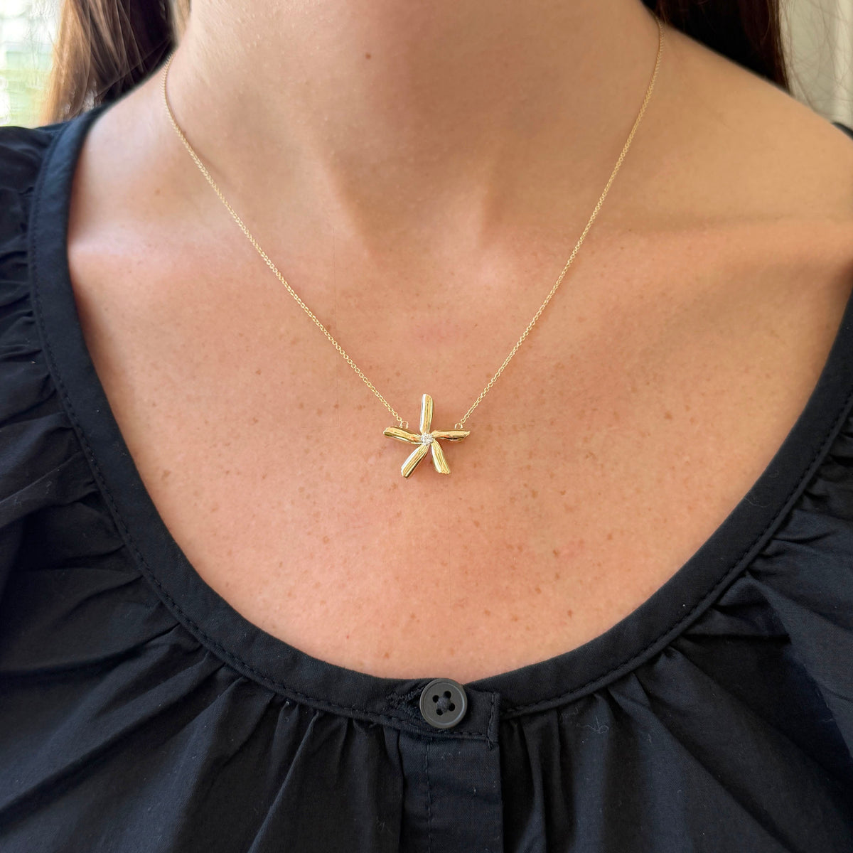 Diamond 14K Yellow Gold Star Jasmine Pendant Necklace