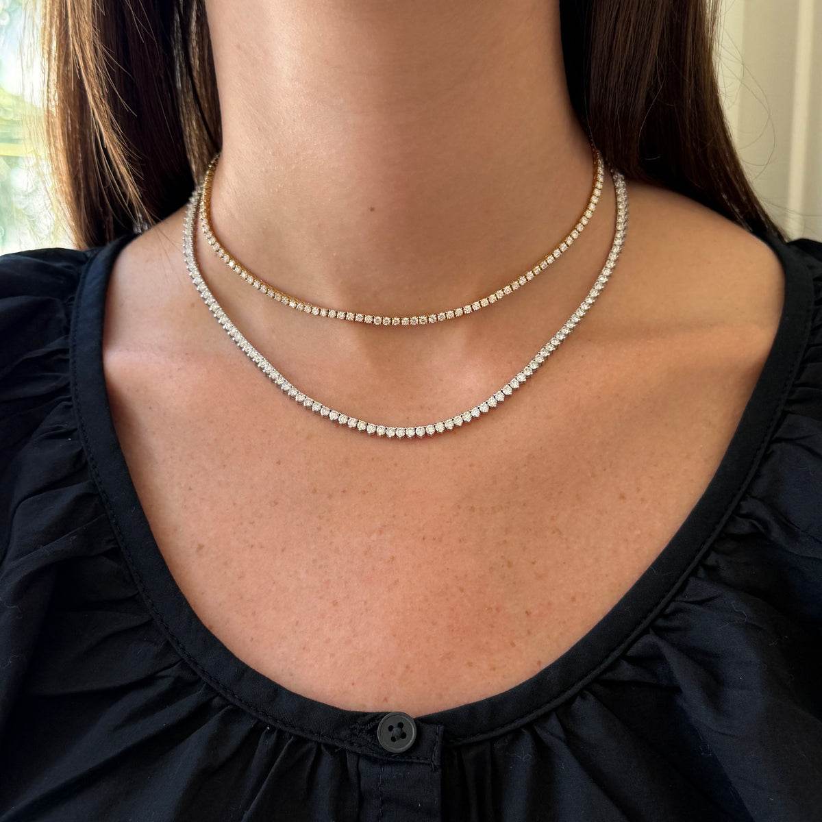 4.86ctw Diamond Four-Prong 18K Yellow Gold Tennis Necklace 13-16", 10ctw Diamond Three-Prong 14K White Gold Tennis Necklace 16.5"