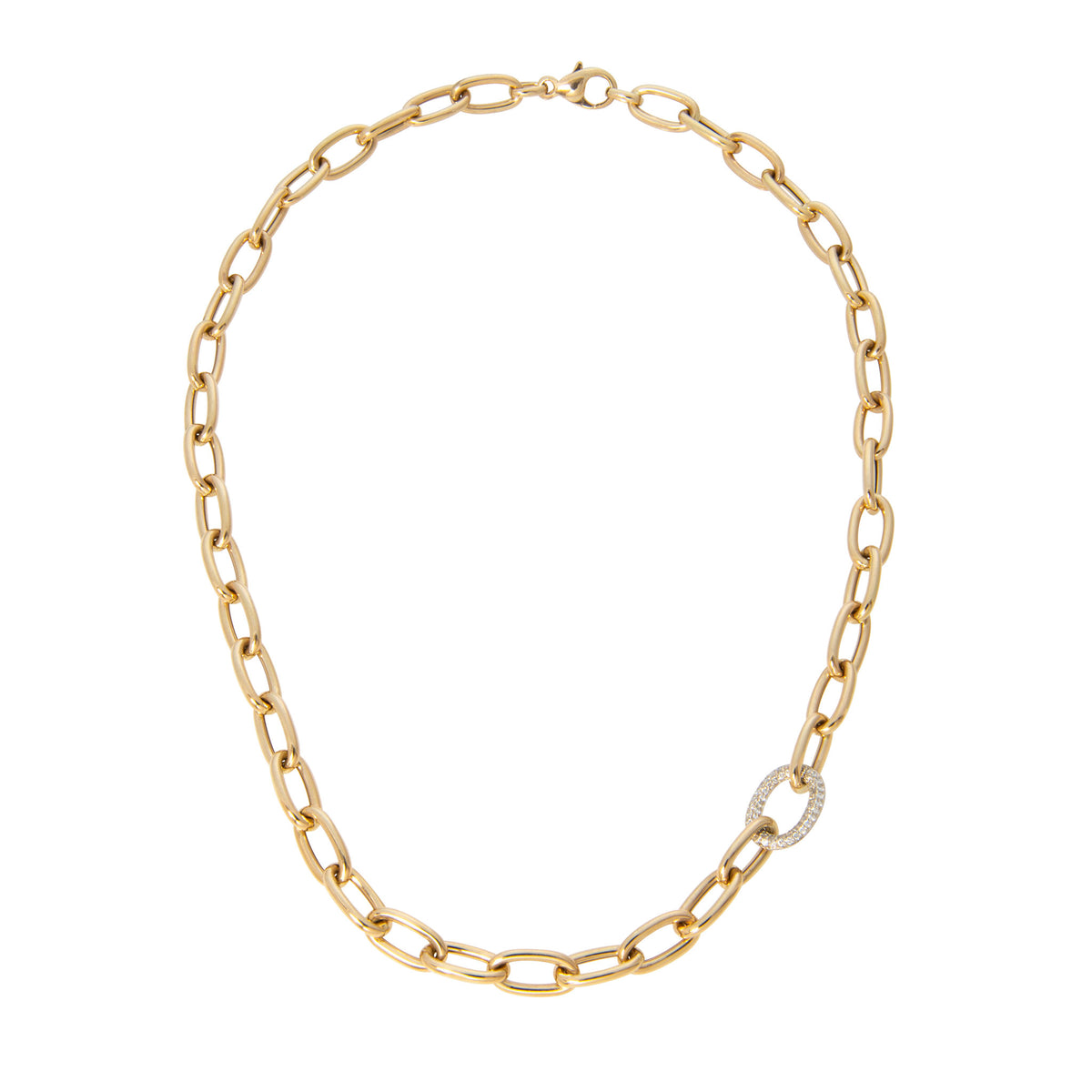 14K yellow gold oval link necklace with a single diamond pavé white gold accent link and lobster clasp.