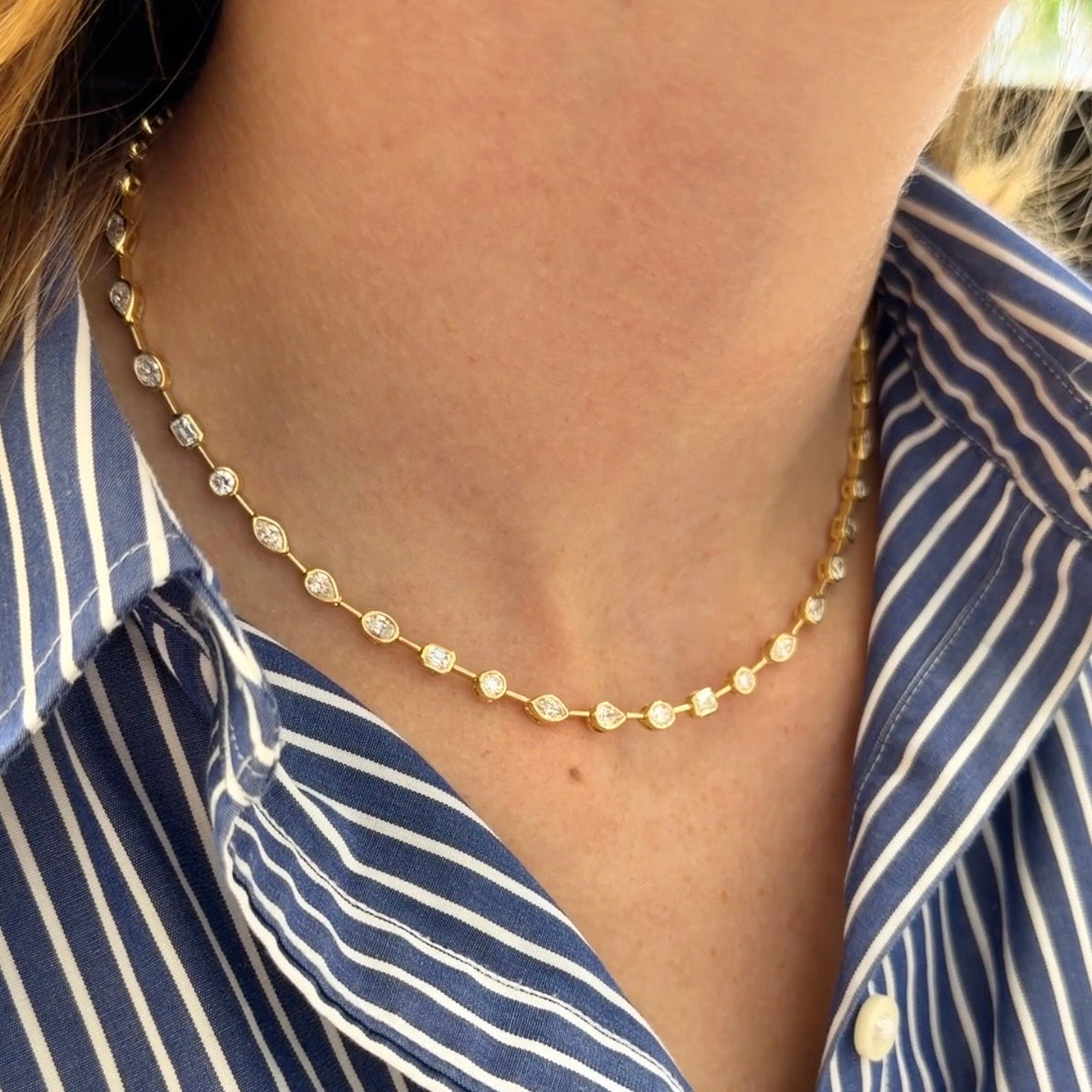 7.63ctw Mixed Diamond Bezel 18K Yellow Gold Tennis Necklace