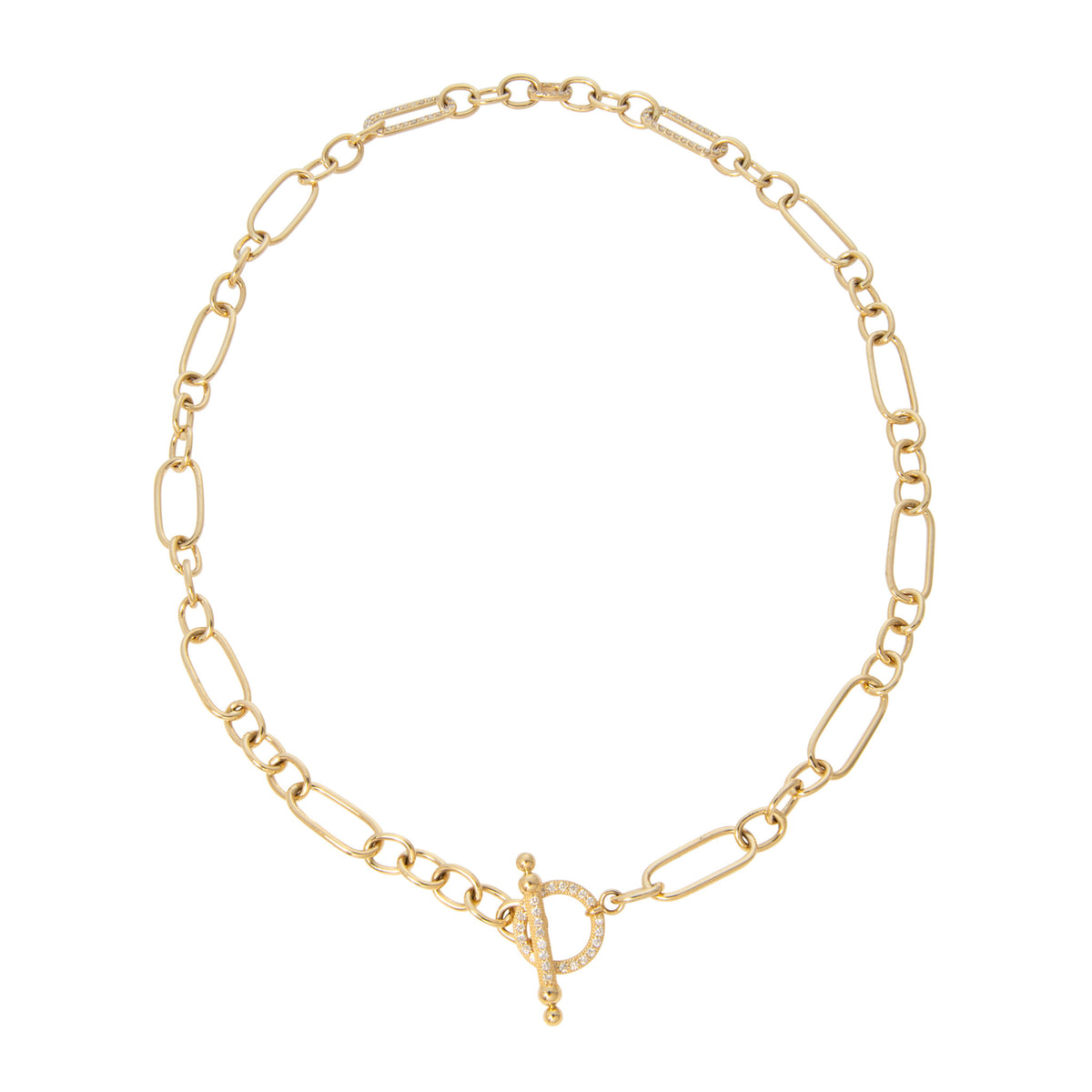 14K yellow gold mixed link necklace with a diamond pavé toggle clasp positioned at the front.