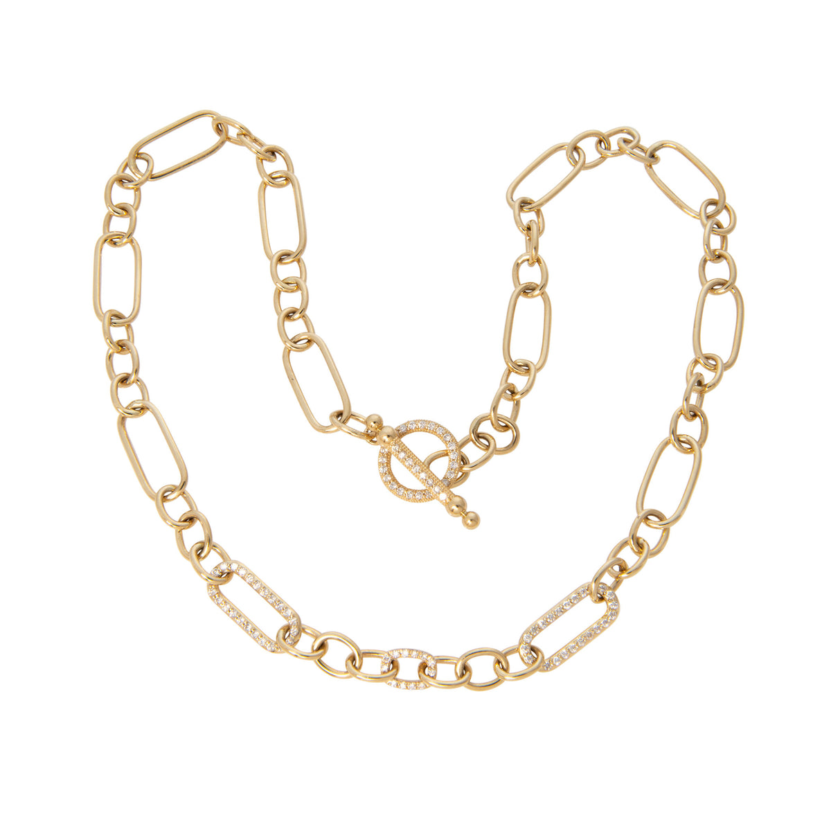14K yellow gold mixed link necklace arranged to show three diamond pavé links and the toggle clasp.
