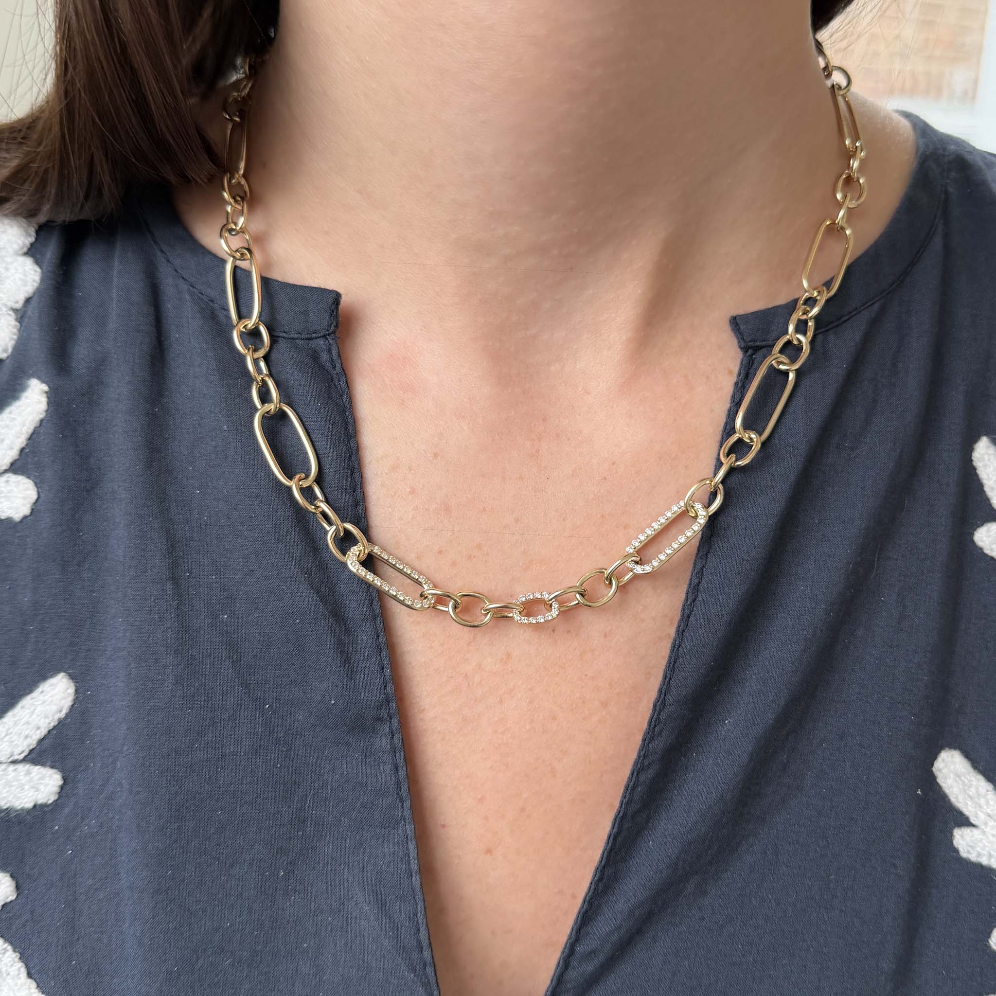 Diamond Pavé 14K Gold Mixed Link Toggle Clasp Necklace 18