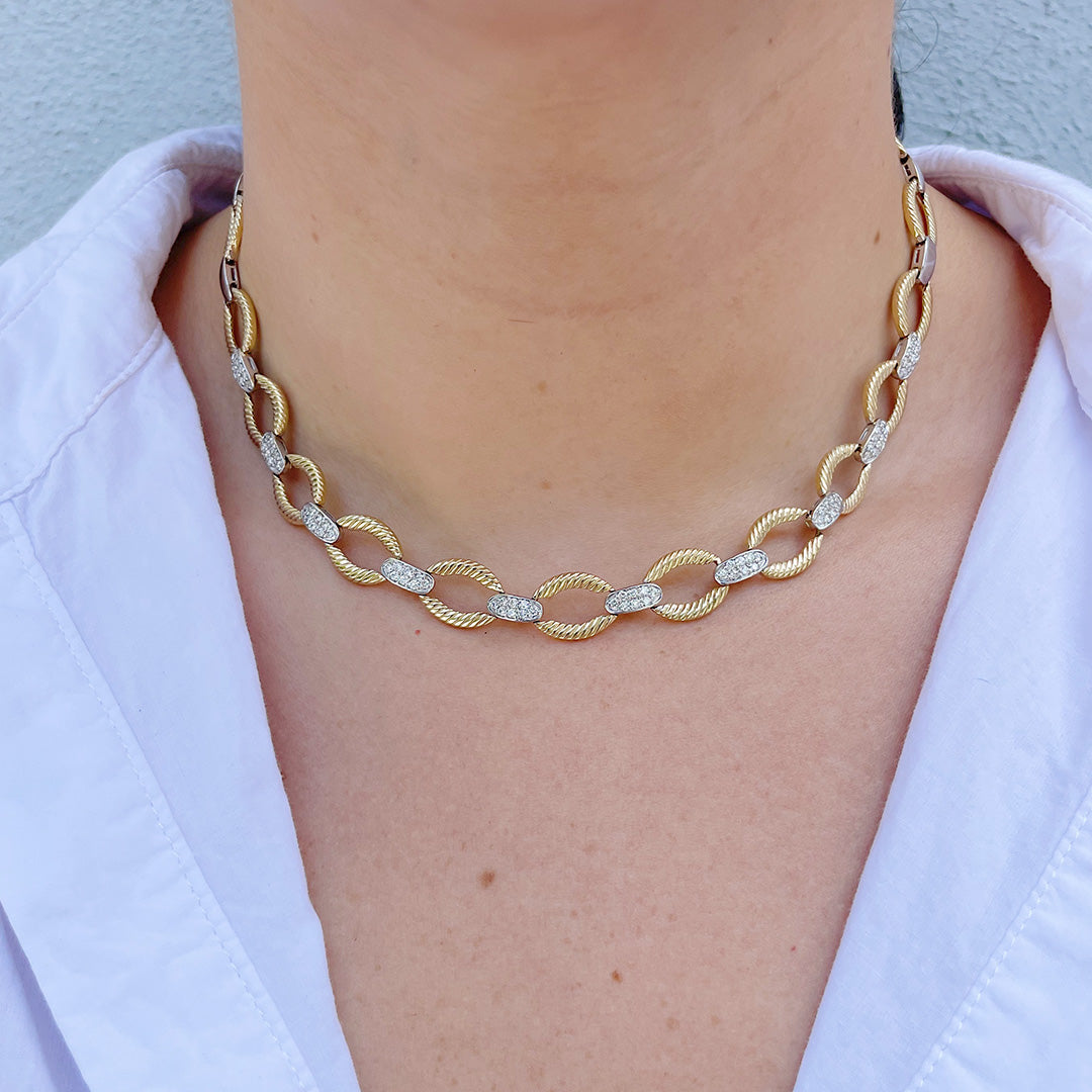 Diamond Pavé & Ribbed Link Two Tone 14K Gold Necklace