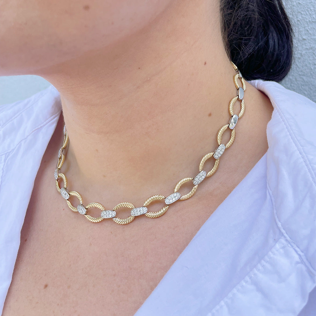 Diamond Pavé & Ribbed Link Two Tone 14K Gold Necklace