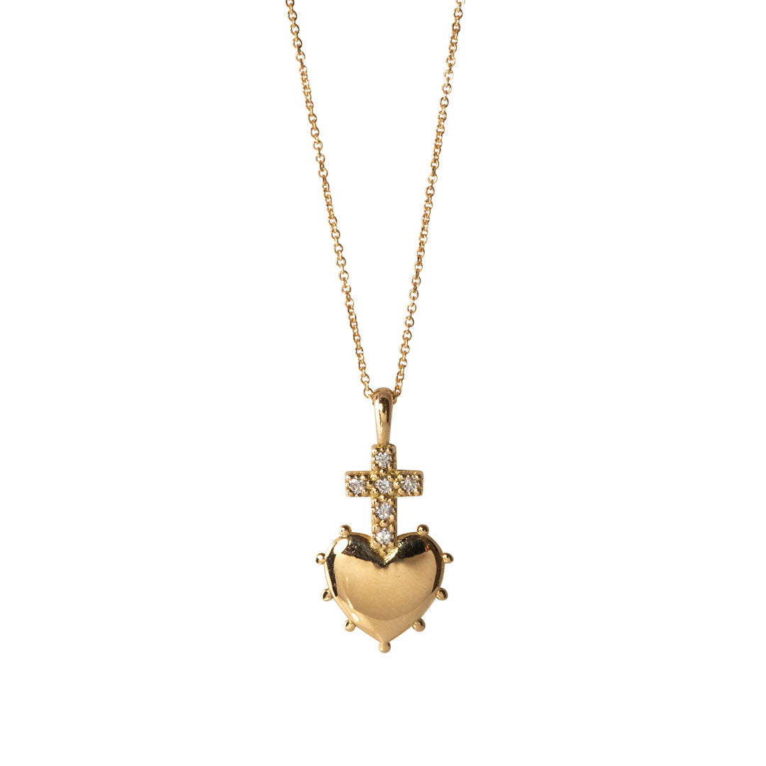 Diamond Cross Heart 18K Gold Small Pendant Necklace
