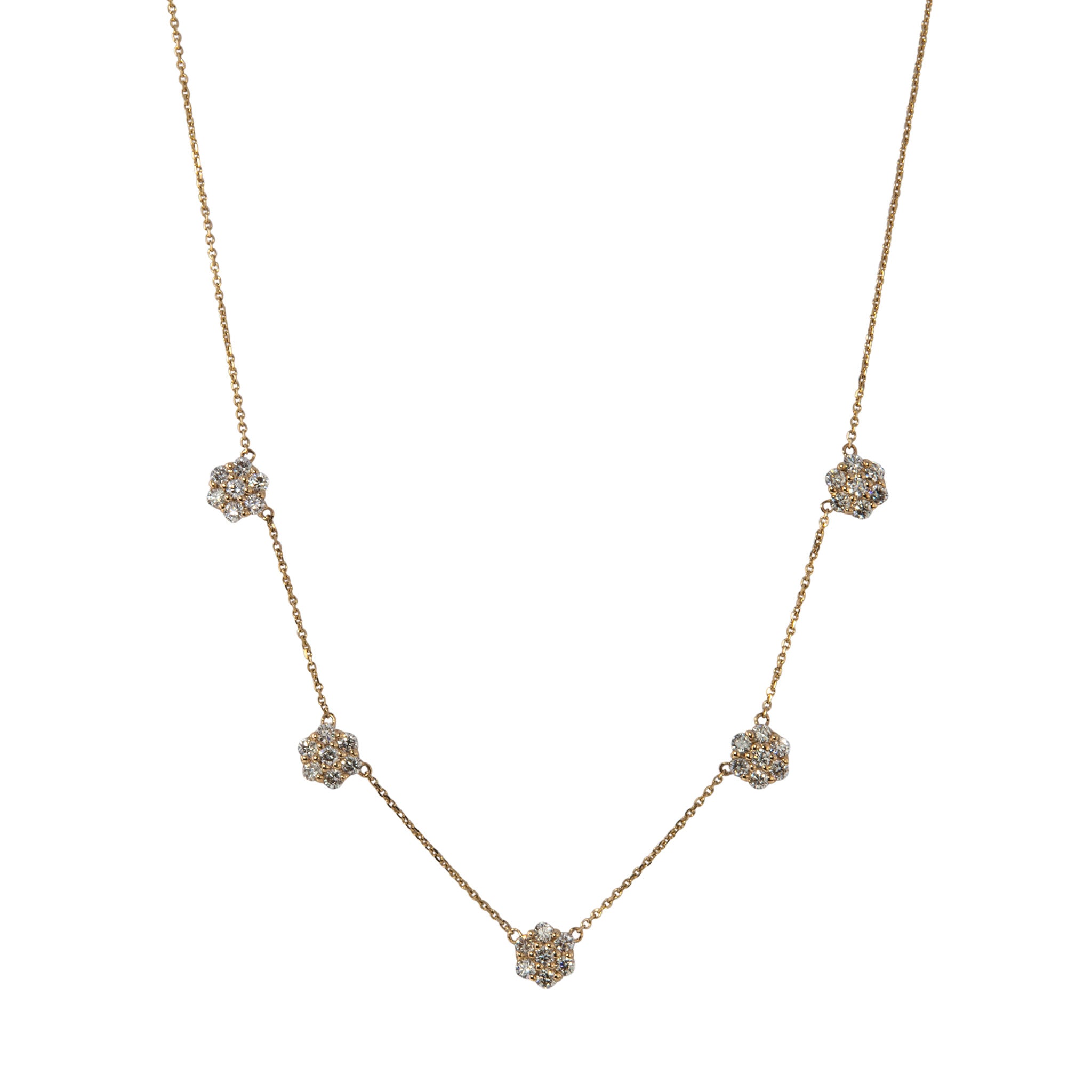 2ct Diamond Flower Cluster 5 Station 14K Yellow Gold Necklace