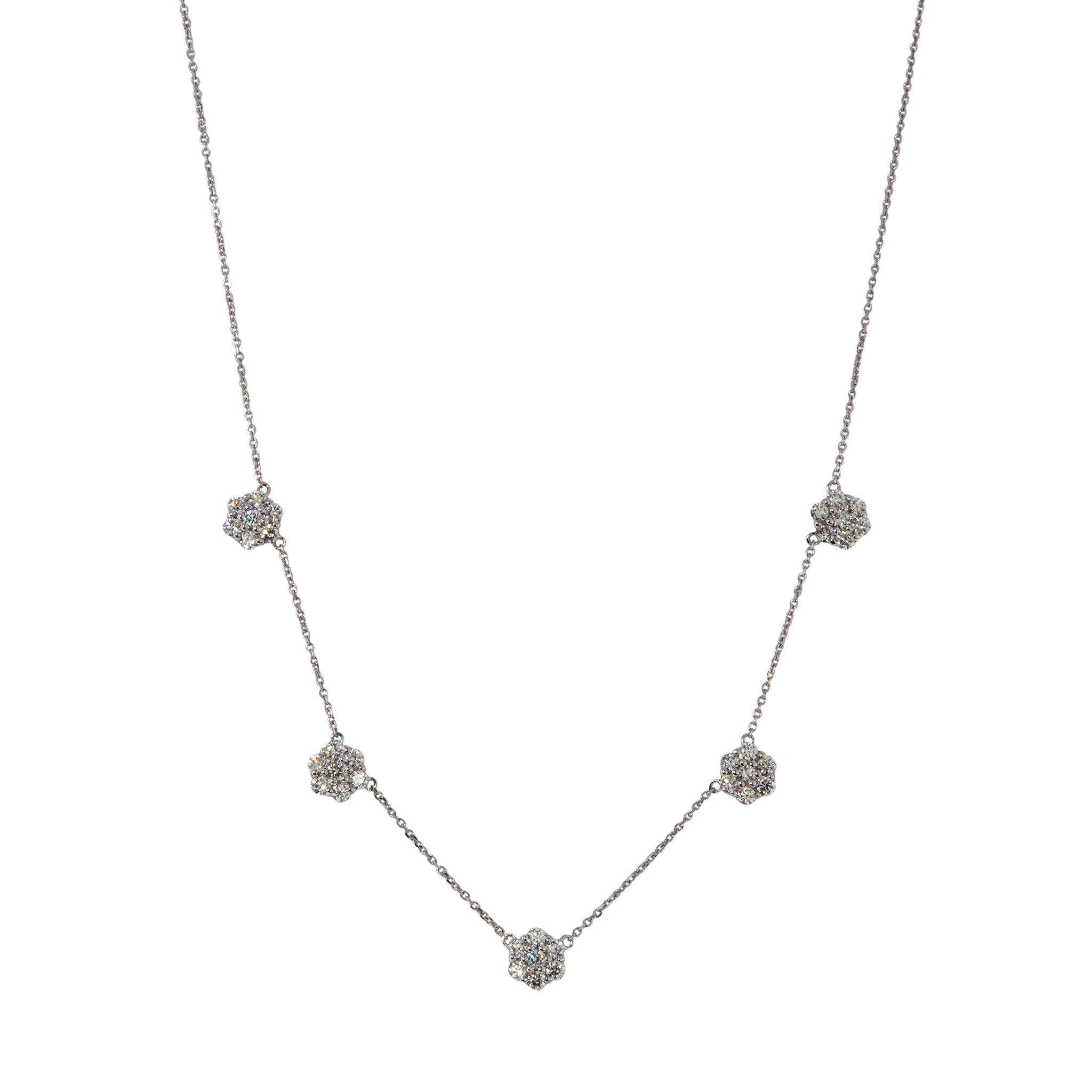 2ct Diamond Flower Cluster 5 Station 14K White Gold Necklace