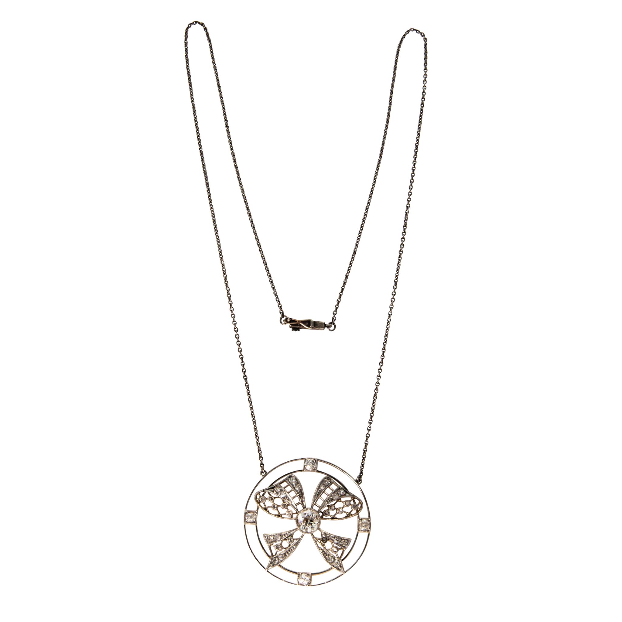 Edwardian Style Diamond Bow Circle Pendant Necklace