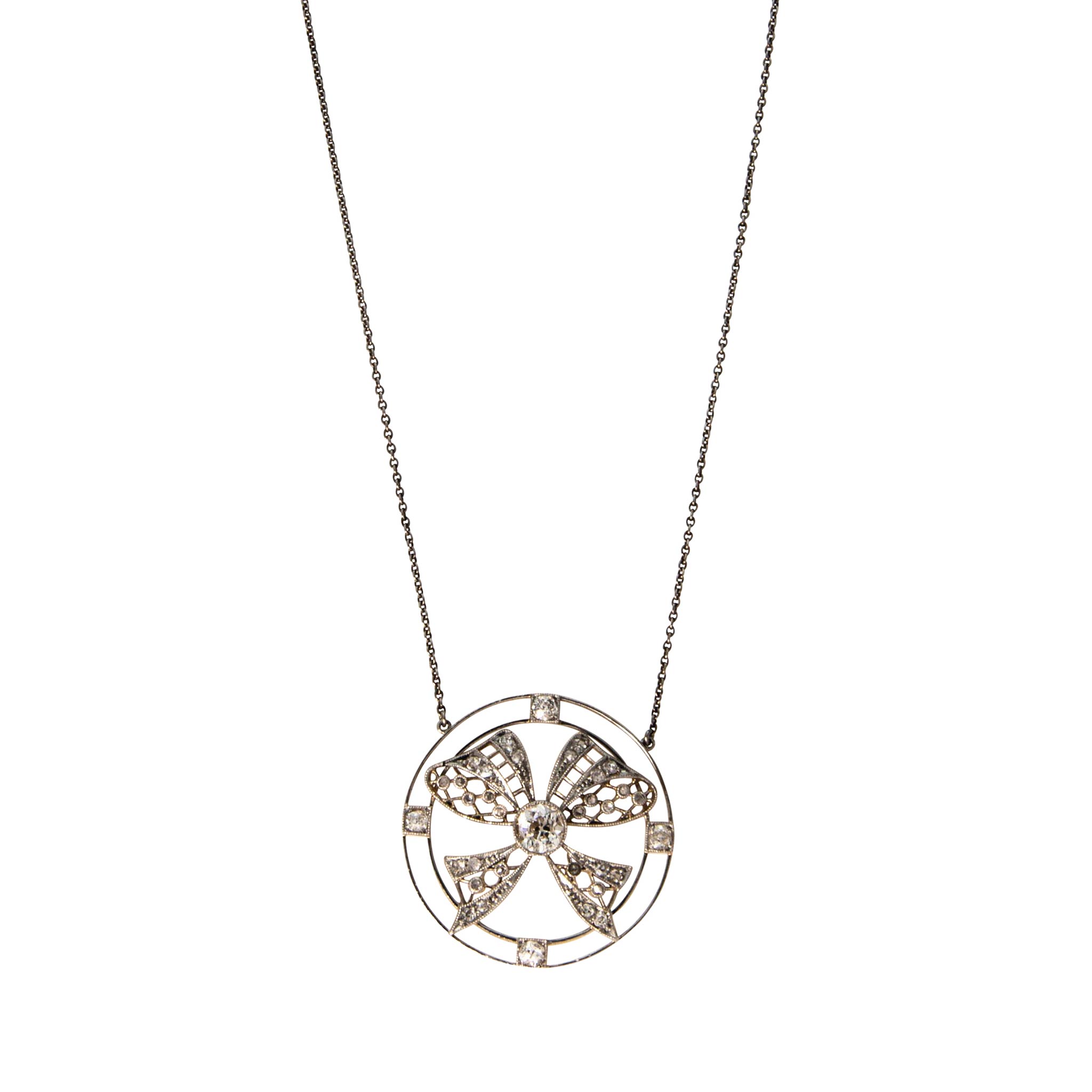 Edwardian Style Diamond Bow Circle Pendant Necklace