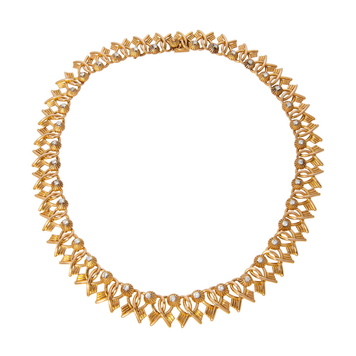 Vintage French 18K yellow gold necklace with ornate looped links and round diamonds atop fluted domes, shown on a white background.