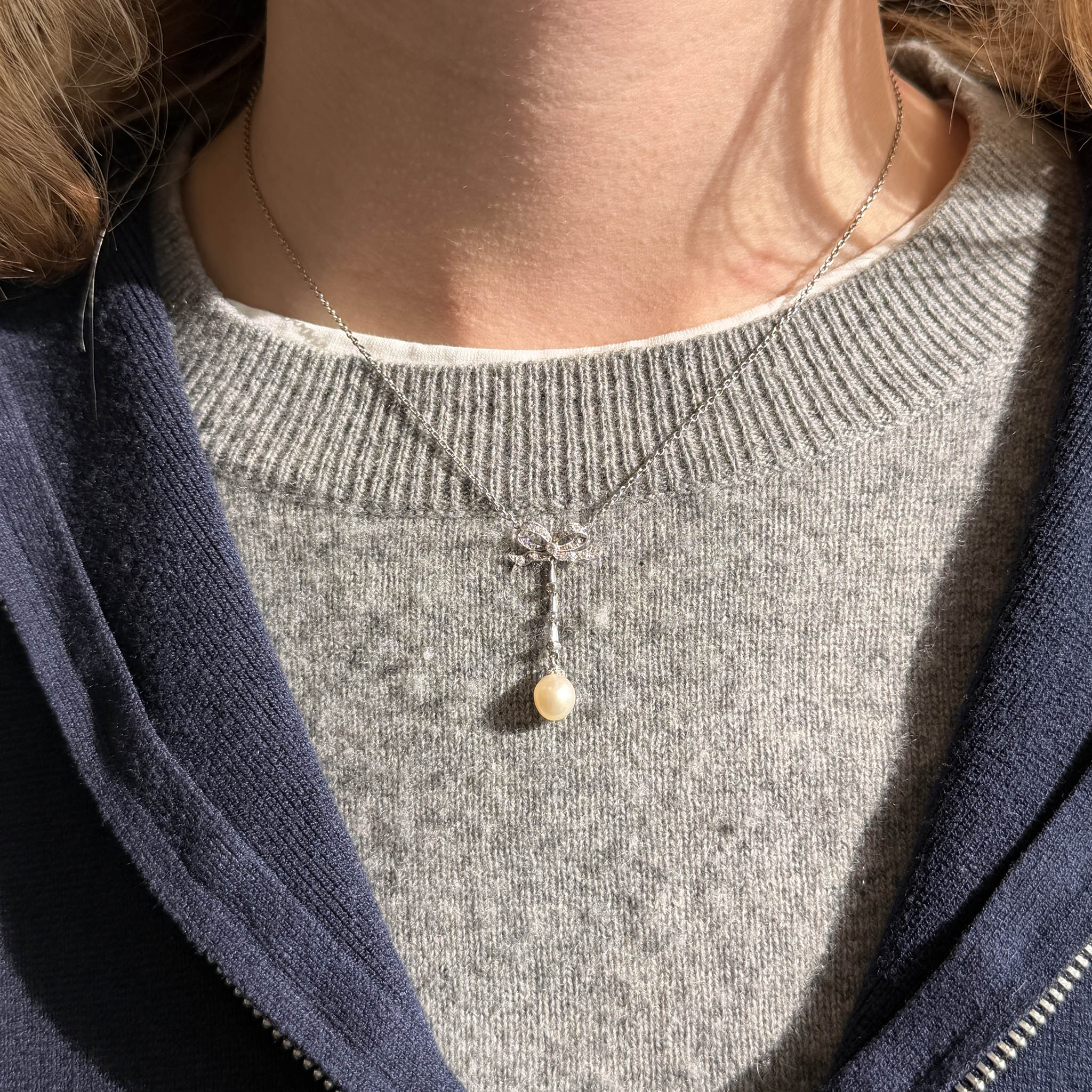 Edwardian Diamond Bow & Pearl Drop Platinum Pendant Necklace