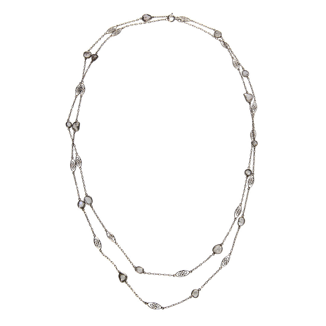 Estate Diamond Slice Station Platinum Filigree Chain Necklace