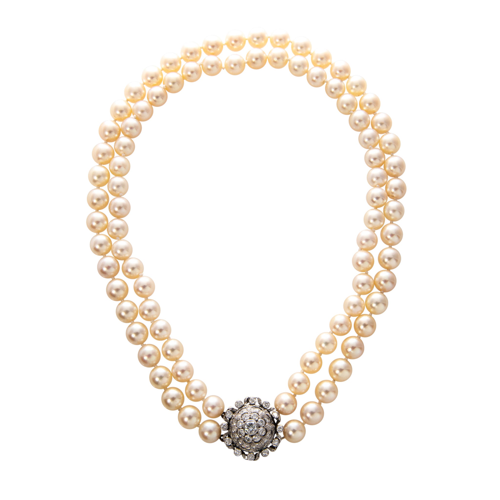Estate 2-Strand Cultured Pearl & Diamond Clasp Necklace