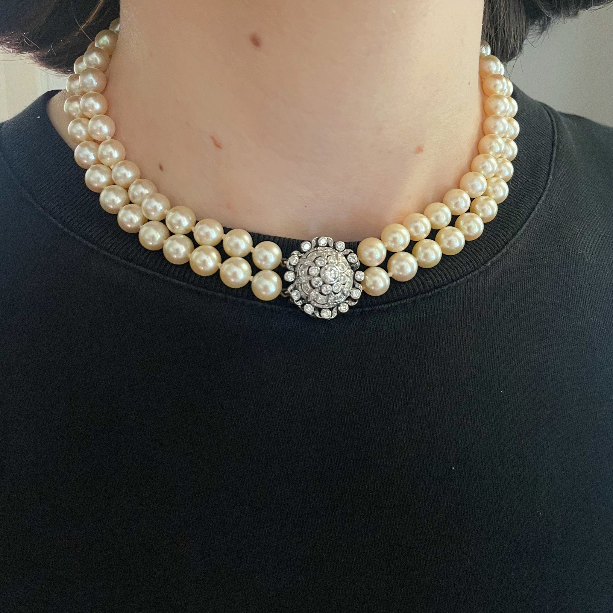 Estate 2-Strand Cultured Pearl & Diamond Clasp Necklace