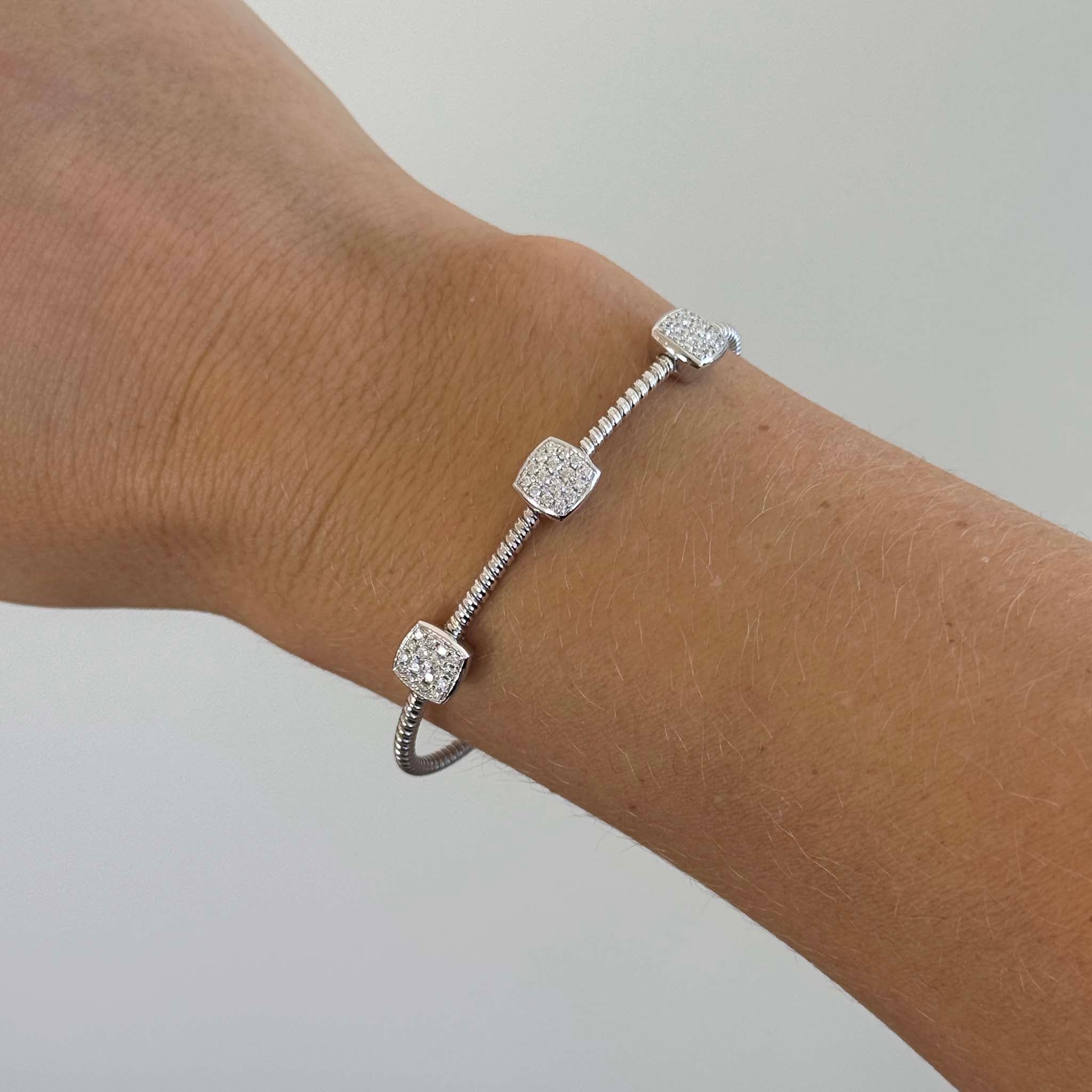 Diamond 3-Station 18K White Gold Flexible Cuff Bangle