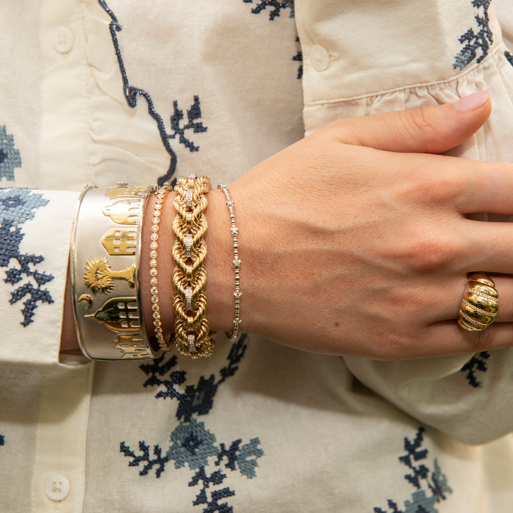 Wide Charleston Skyline Cuff Bangle, 1ctw Diamond 14K Yellow Gold Bezel Milgrain Bangle, The Petite Club Bracelet with Diamonds