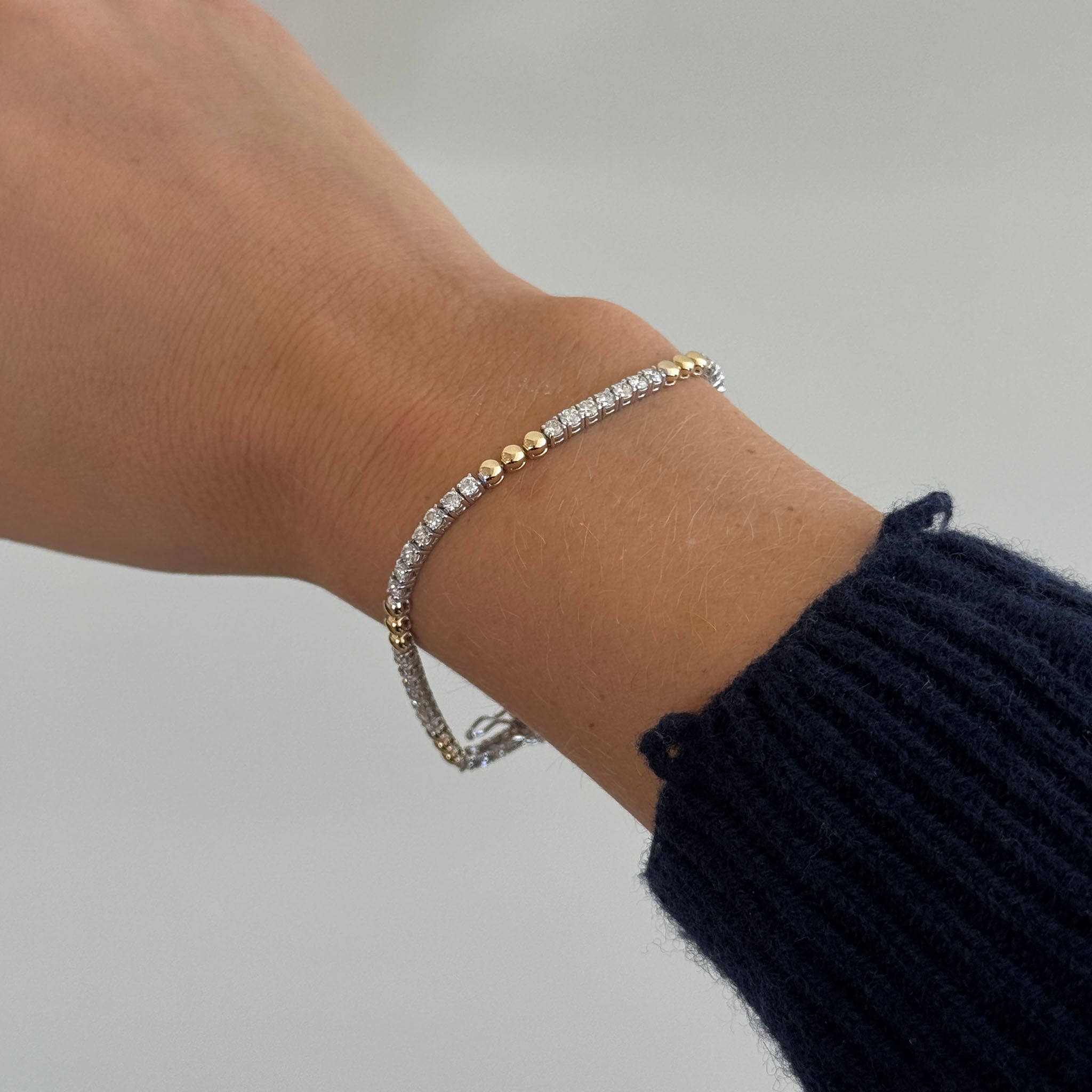 Diamond Two Tone 14K Gold Triple Bead Tennis Bracelet