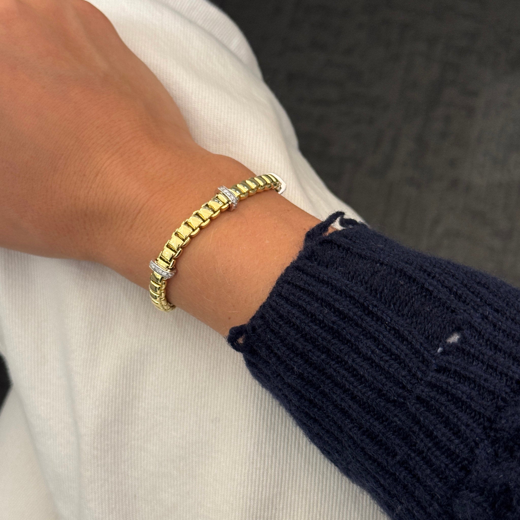 Diamond Pavé Station Two Tone 14K Gold Box Link Bracelet