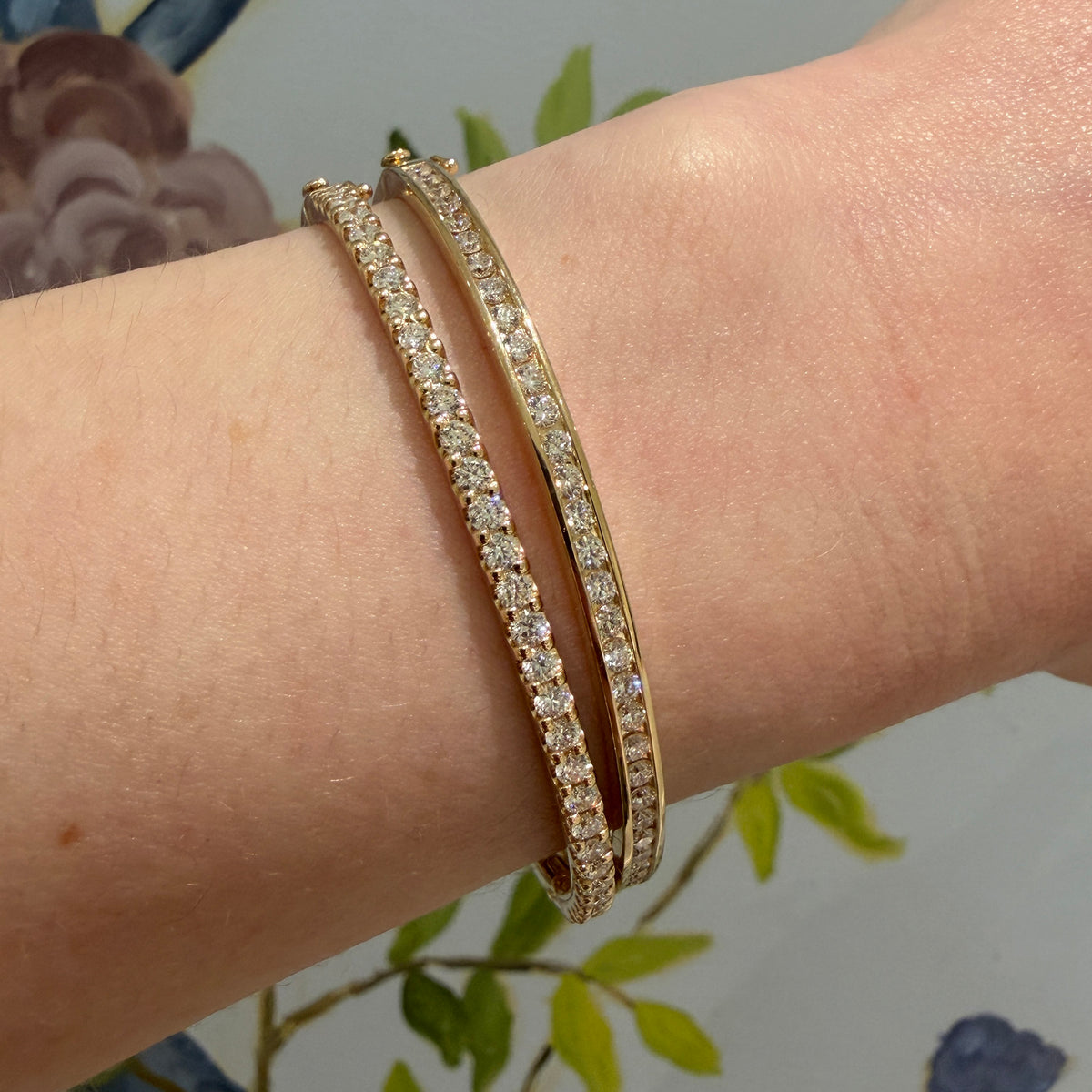 1.50ctw Diamond Prong Set 14K Yellow Gold Bangle, 1.3ctw Diamond Channel Set 14K Yellow Gold Bangle