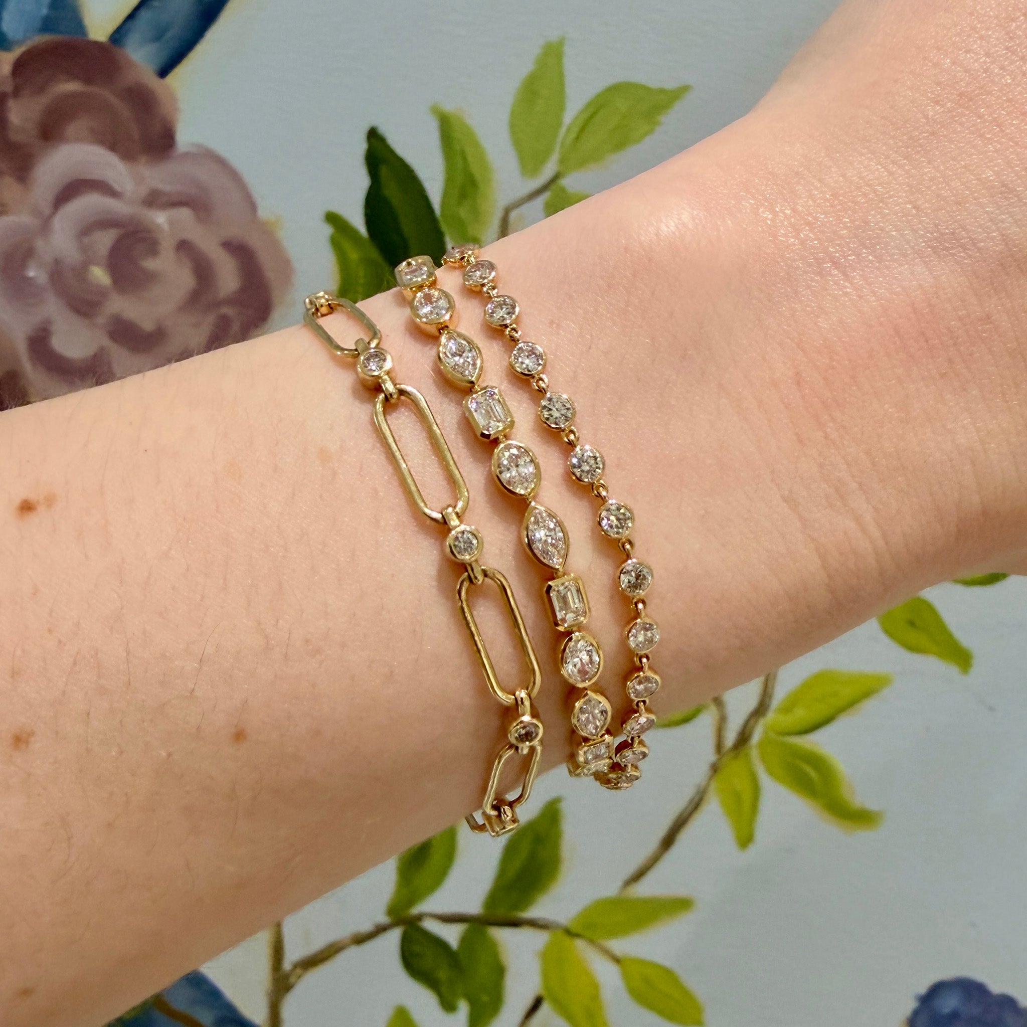 3ctw Diamond Bezel 14K Yellow Gold Tennis Bracelet, 5.20ctw Mixed Diamond Bezel 18K Yellow Gold Tennis Bracelet, Diamond Bezel 14K Yellow Gold Oblong Link Bracelet