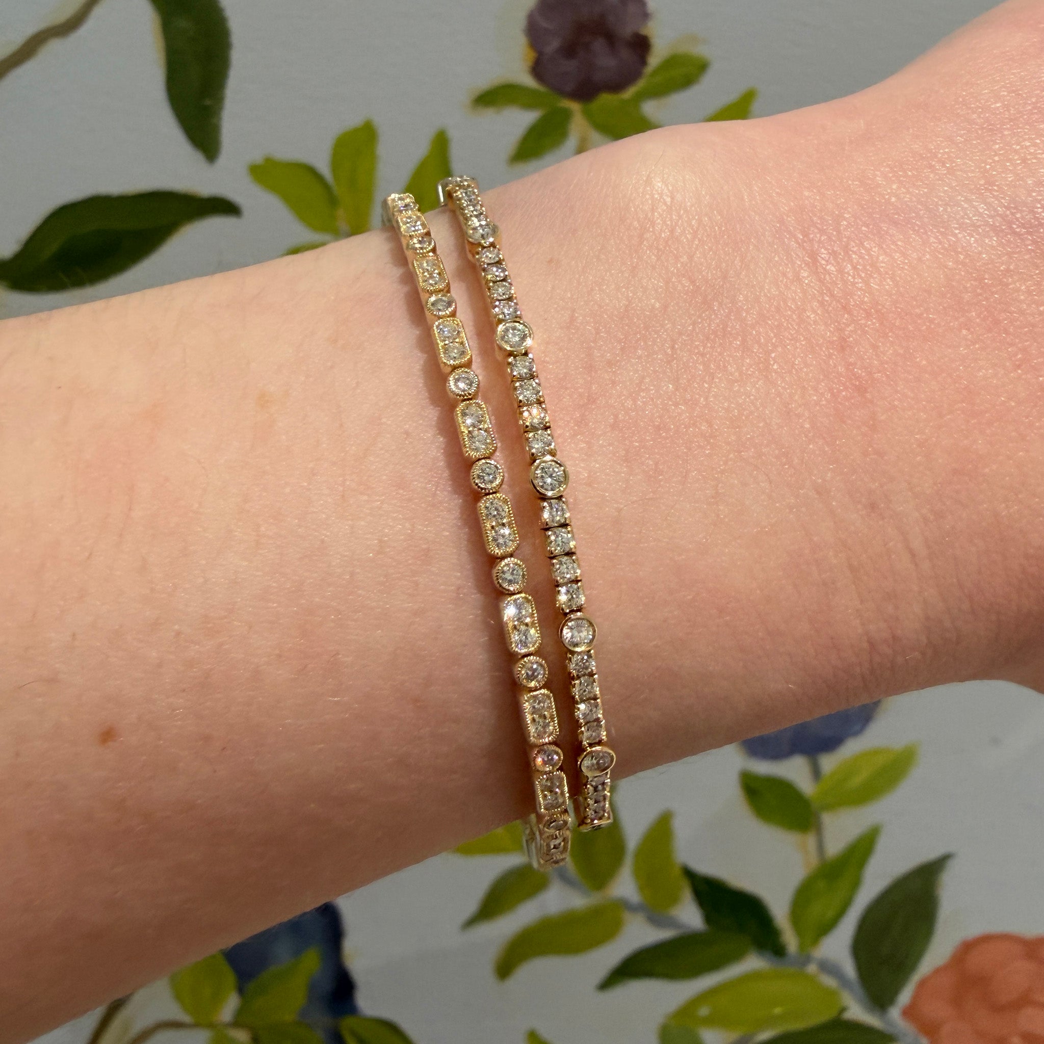 1ctw Diamond Bezel Station 14K Yellow Gold Flexible Bangle, .83ctw Diamond Milgrain 14K Yellow Gold Flex Bangle